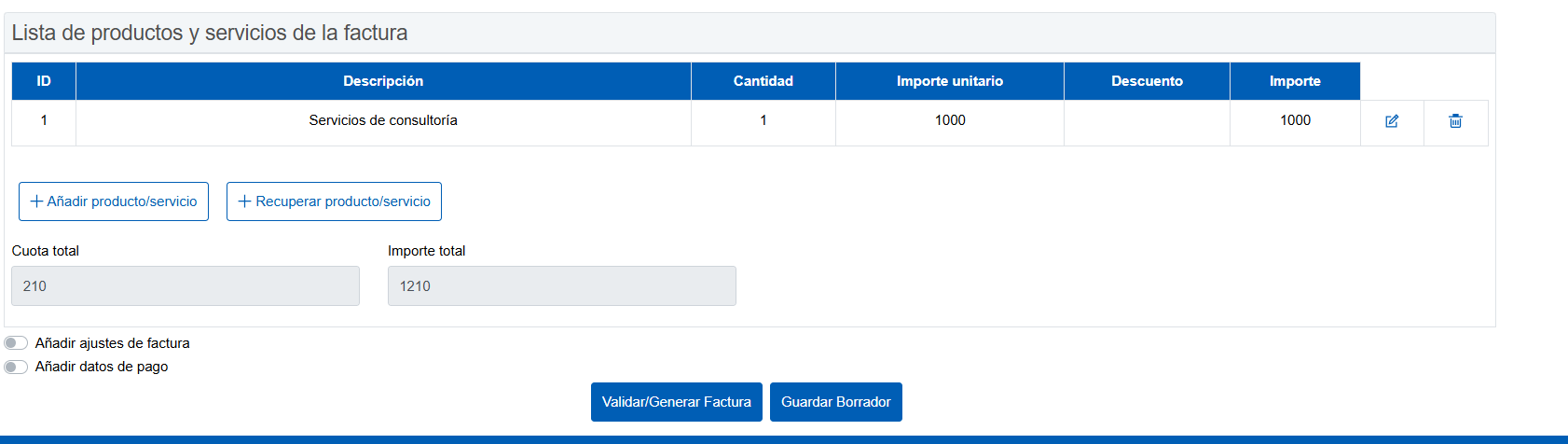 Lista de productos de la factura con una línea «Servicios de consultoría» de 1000 €, cuota total 210 € e importe total 1210 €, y los botones «Validar/Generar Factura» y «Guardar Borrador».