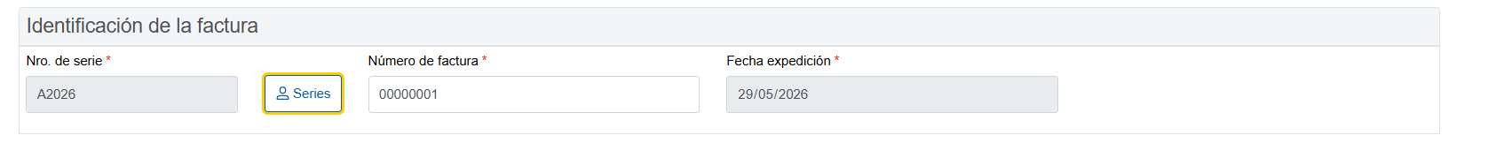 Bloque «Identificación de la factura»: número de serie A2026 en gris, botón «Series», número de factura 00000001 y fecha de expedición no editable (29/05/2026).
